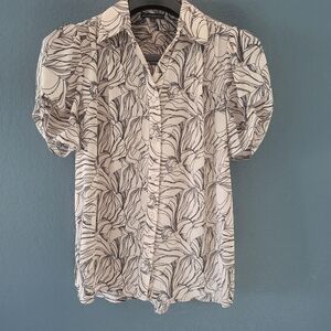 Adrianna Papell Black And Tan Button Up Leaf And Floral Print Blouse